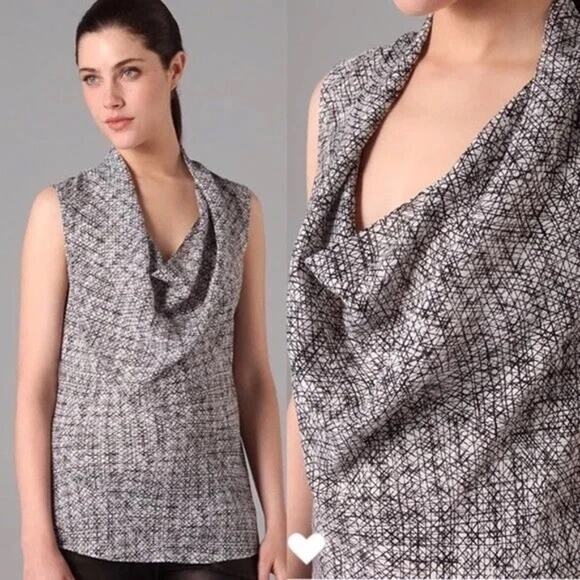 THEORY Silk Multicolor Sheer Blue Black Sleeveless Cowl Neck Top Small - Picture 6 of 6